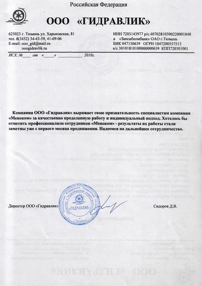 Гидравлик — отзыв о продвижении сайта