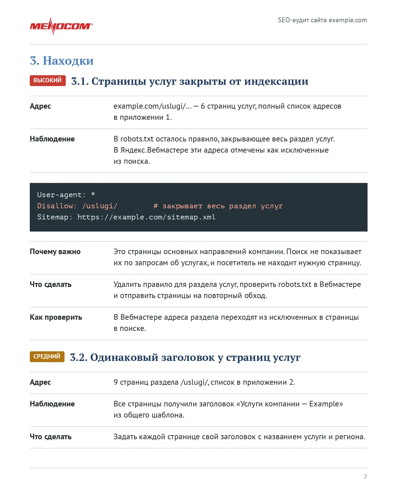 Находка SEO-аудита с адресом страницы, наблюдением и рекомендацией