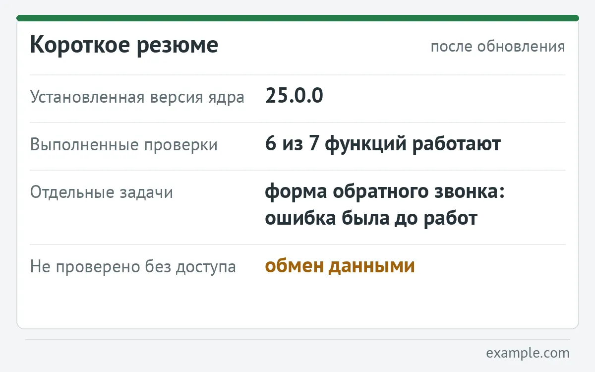 Короткое резюме: установленная версия ядра, выполненные проверки, отдельная задача по форме обратного звонка и обмен данными, не проверенный без доступа