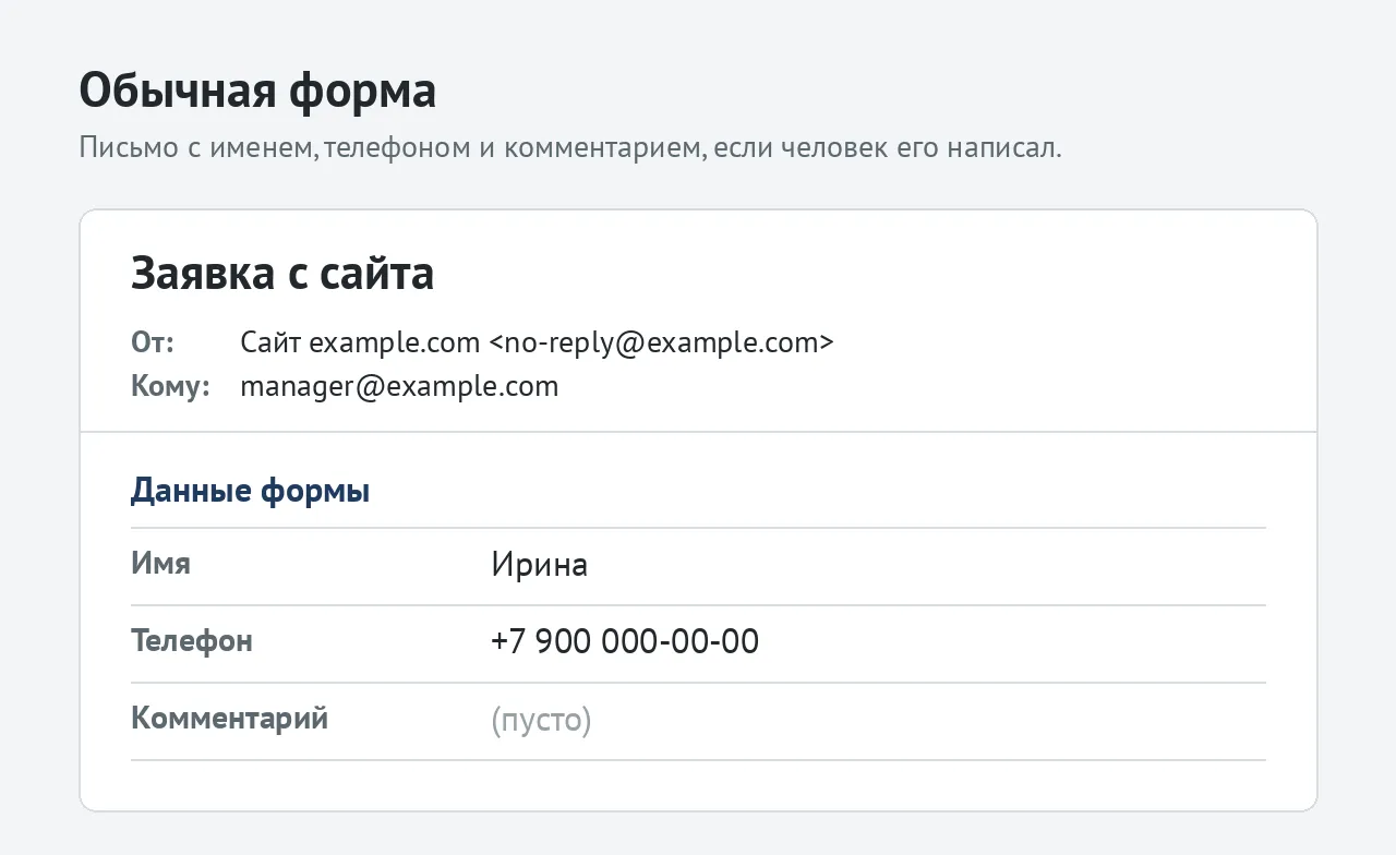 Письмо с обычной формы: имя, телефон и пустой комментарий