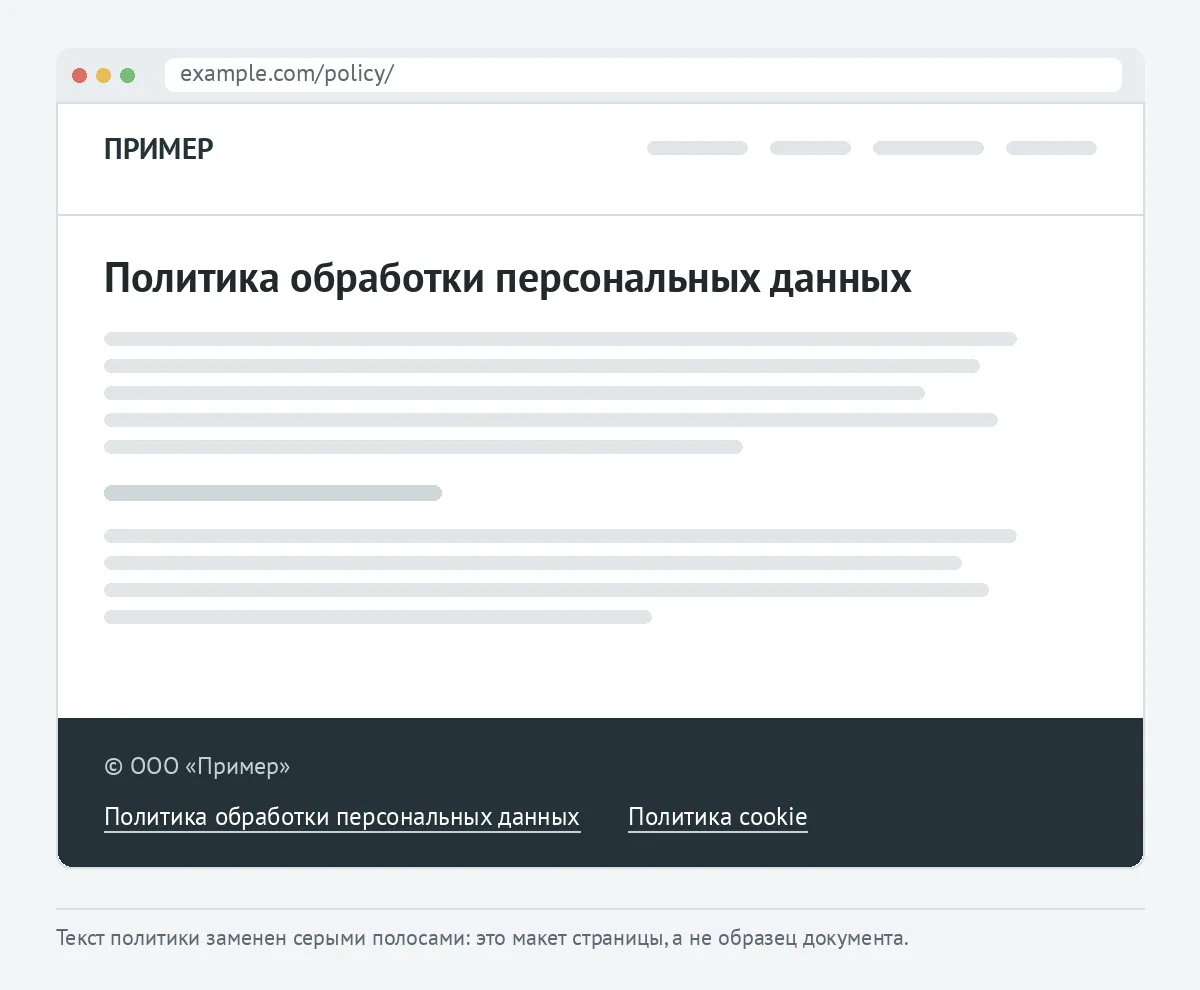 Отдельная страница политики обработки персональных данных и подвал сайта со ссылками на обе политики
