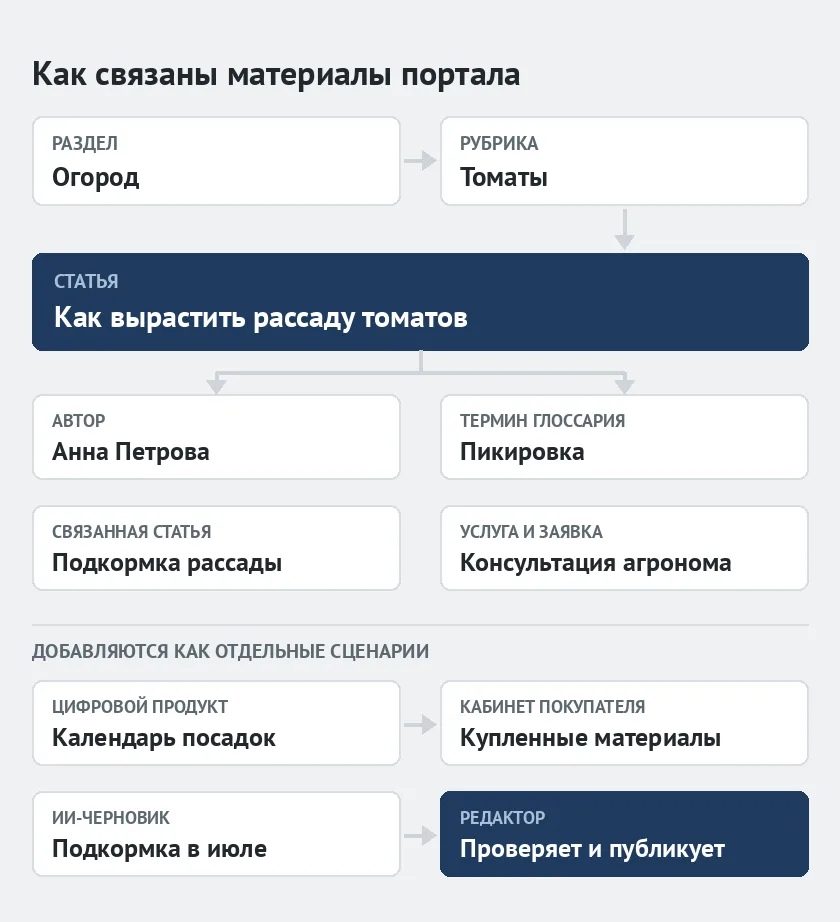 Схема информационного портала — раздел и рубрика ведут к статье, статья связана с автором, термином глоссария, связанной статьей и услугой с заявкой; цифровой продукт попадает в кабинет покупателя, ИИ-черновик проверяет редактор