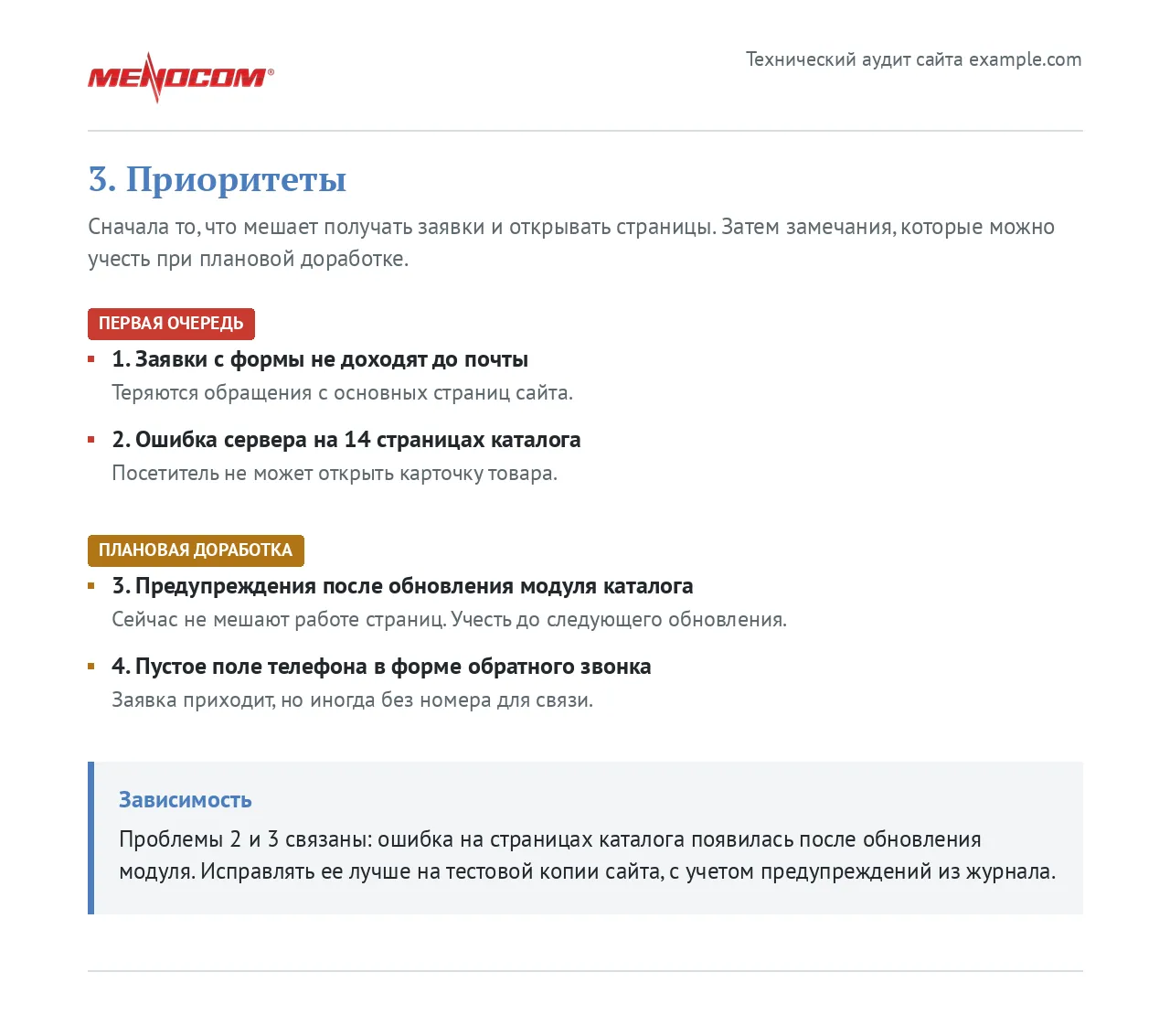 Приоритеты технического аудита: первая очередь, плановая доработка и зависимость между проблемами