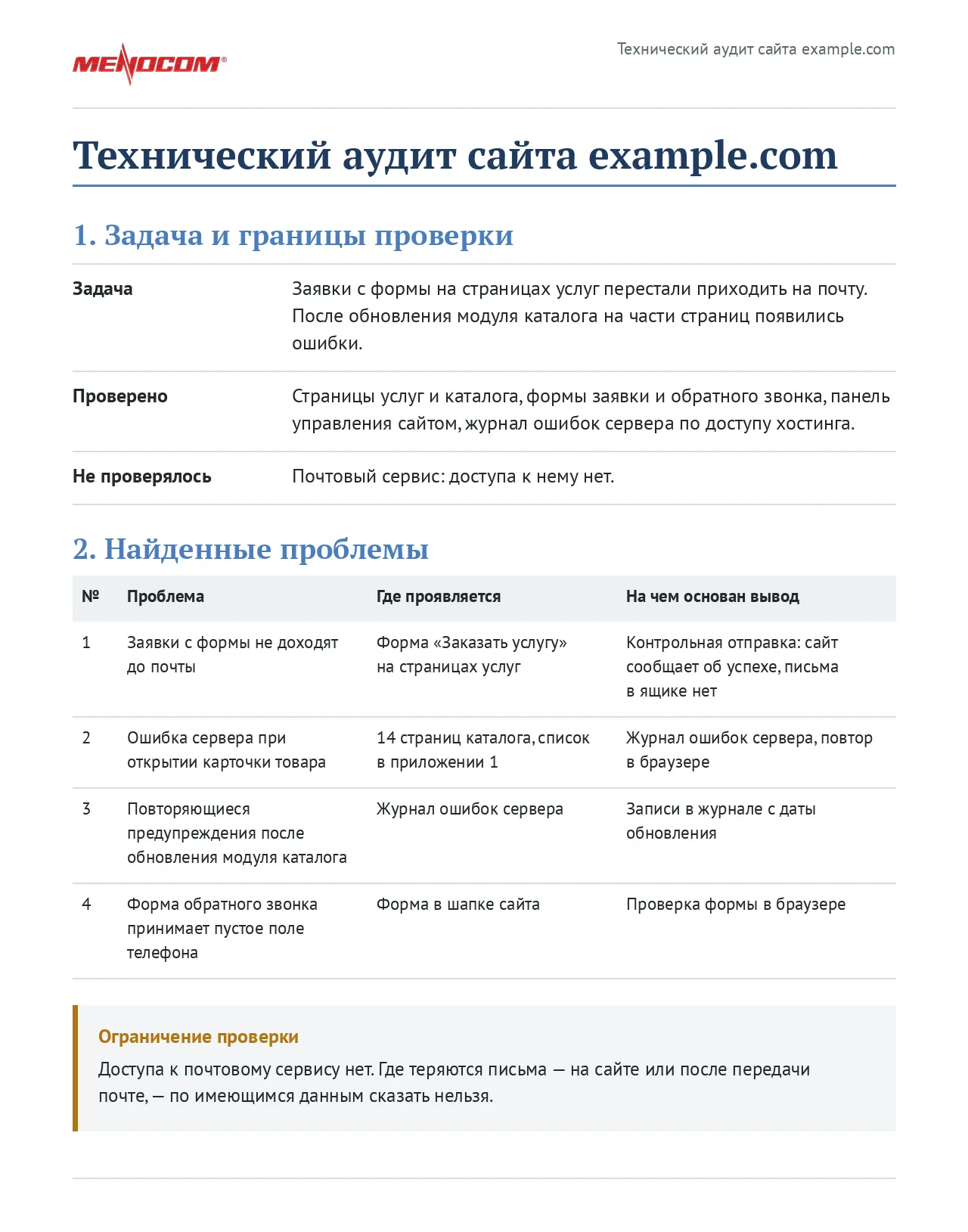 Раздел технического аудита с задачей, границами проверки, таблицей найденных проблем и ограничением