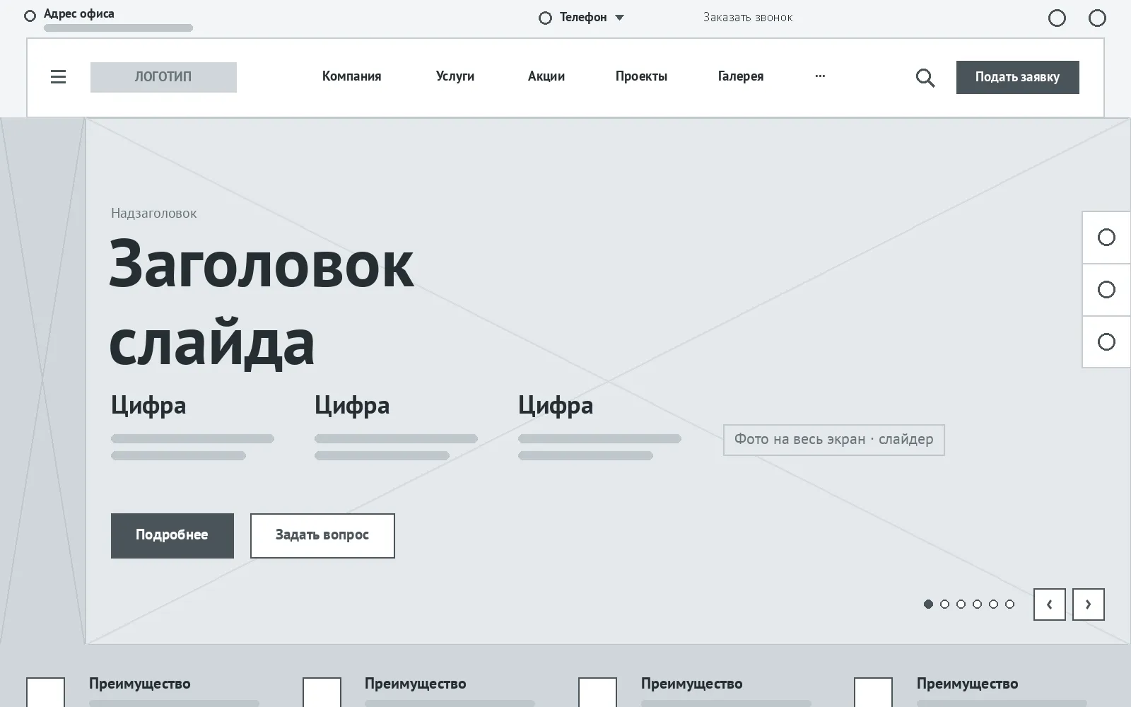 Схема первого экрана: серые блоки на месте фотографии, заголовка, цифр, кнопок и меню