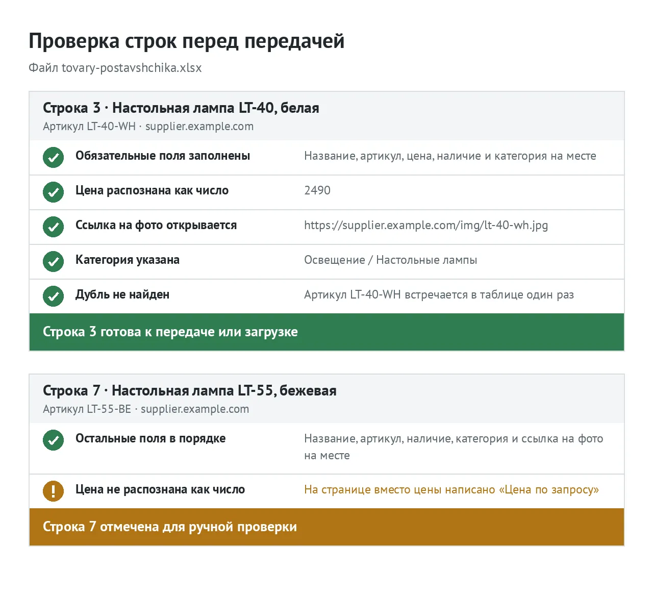 Проверка полей и ссылок в строке товара