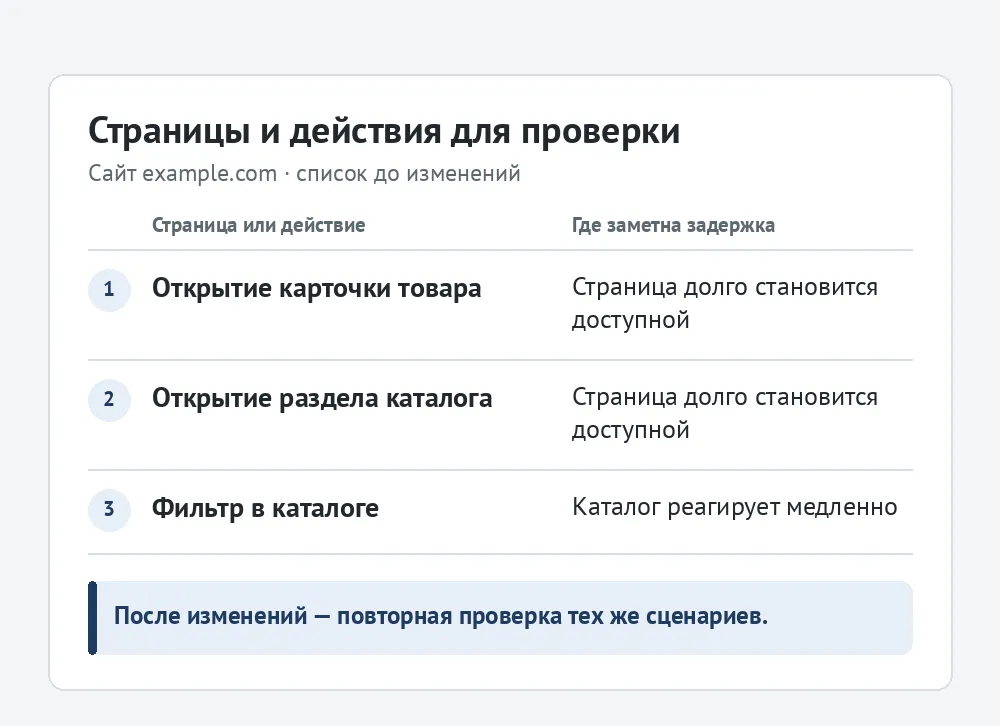 Три страницы и действия для проверки и где на них заметна задержка