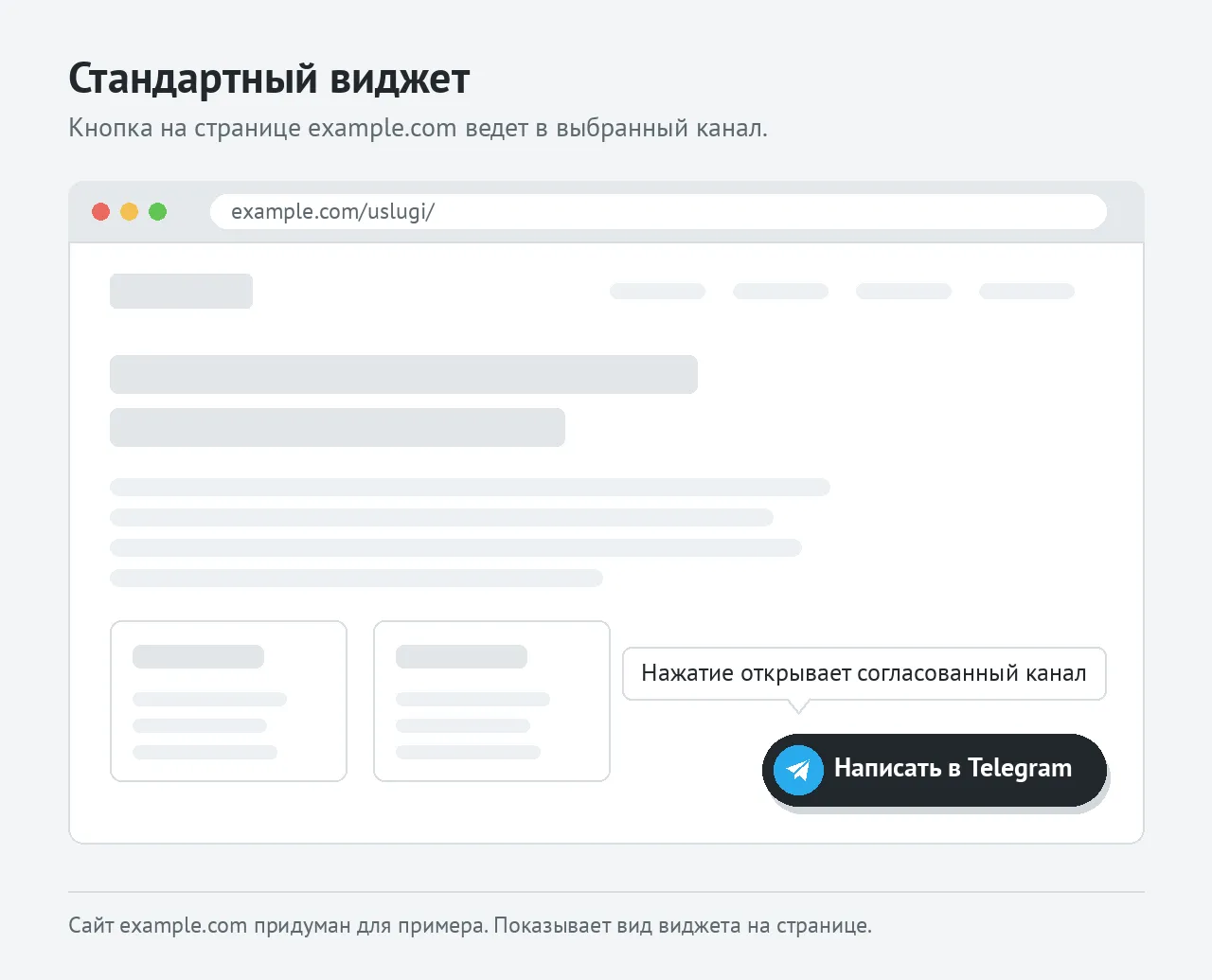 Страница сайта example.com с кнопкой перехода в Telegram в правом нижнем углу